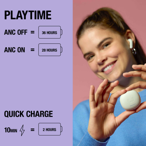 Femme tenant un boîtier de recharge avec indication d’autonomie et de charge rapide des écouteurs, sans personnalisation visible