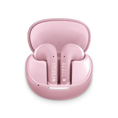 Boîtier de recharge rose ouvert avec écouteurs intra-auriculaires assortis, présenté sans personnalisation visible.