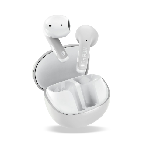 Boîtier de recharge blanc ouvert avec écouteurs intra-auriculaires assortis, sans marquage apparent.