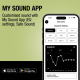 Application mobile de réglages audio affichée sur smartphone dans un visuel promotionnel des écouteurs. Application mobile de réglages audio affichée sur smartphone dans un visuel promotionnel des écouteurs.