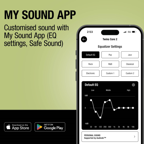 Application mobile de réglages audio affichée sur smartphone dans un visuel promotionnel des écouteurs.