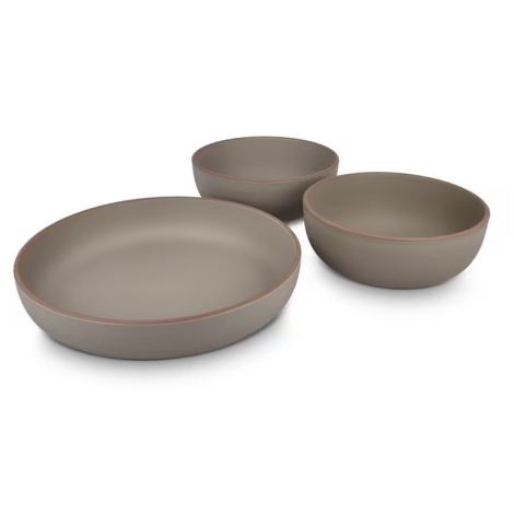 Trois pièces de service disposées côte à côte comprenant deux bols et une assiette creuse, présentées sans marquage visible.
