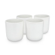 Quatre tasses blanches disposées côte à côte, présentées sans marquage visible sur leur surface extérieure. Quatre tasses blanches disposées côte à côte, présentées sans marquage visible sur leur surface extérieure.