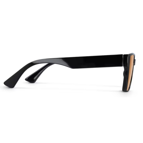 Vue latérale d’une branche noire de lunettes de soleil, sans personnalisation apparente.