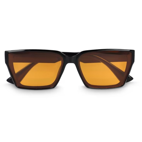 Vue de face rapprochée d’une monture noire avec verres teintés orange, présentée sans marquage visible.