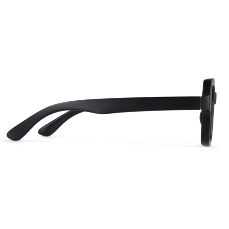 Vue latérale d’une branche noire de lunettes de soleil, présentée sans marquage visible.