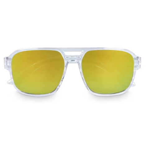 Vue rapprochée de la face avant d’une monture transparente avec verres teintés jaunes, sans personnalisation apparente.