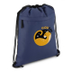 Sac à cordon bleu en R-PET avec fermeture par lien coulissant et poche frontale zippée, avec personnalisation visible au centre 