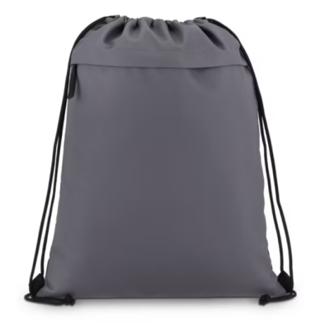 Vue de face d’un sac à cordon gris mettant en évidence la poche frontale zippée et la fermeture par cordon, sans marquage appare