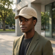 Homme portant la casquette beige dans un environnement urbain moderne, sans personnalisation visible sur la face avant. Homme portant la casquette beige dans un environnement urbain moderne, sans personnalisation visible sur la face avant.