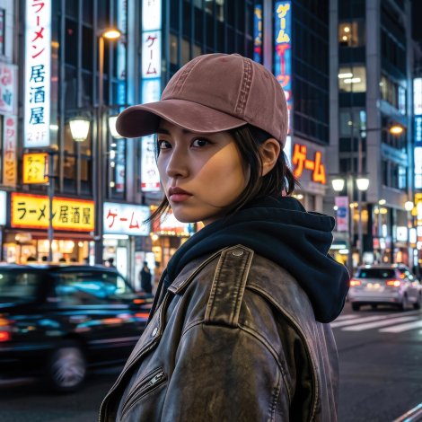 Femme portant la casquette brun délavé dans une rue animée, avec personnalisation visible sur le panneau avant.