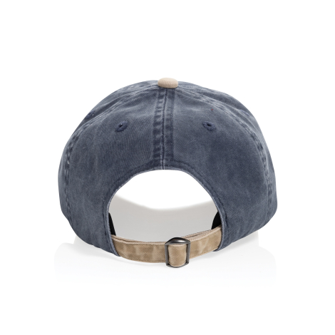 Vue arrière de la casquette bleue et beige mettant en évidence la patte de réglage et la couture centrale, sans personnalisation