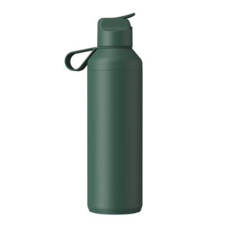 Bouteille en acier inoxydable verte présentée de face avec bouchon sport et poignée intégrée, sans personnalisation visible.