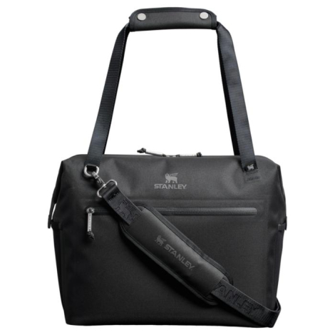 Sac isotherme noir présenté de face avec poignée de transport, bandoulière amovible et poche avant zippée, sans marquage visible