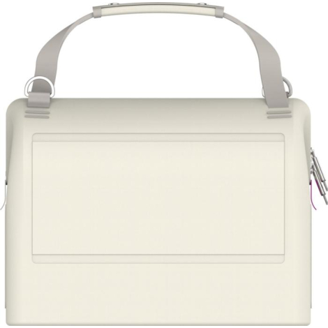 Vue rapprochée de la poche avant d’un sac isotherme beige, sans personnalisation visible.