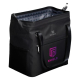 Sac isotherme noir présenté ouvert, montrant le compartiment principal isotherme et la poche avant extérieure.