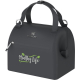 Mini-sac isotherme noir présenté de trois quarts avec poignées maintenues par une patte de fermeture, personnalisation visible s