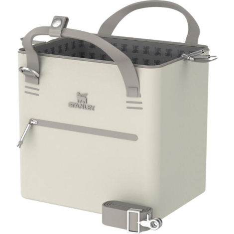 Mini-sac isotherme beige présenté ouvert, montrant le compartiment principal isotherme et la poche avant extérieure, sans marqua