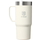 Mug isotherme présenté de face avec poignée et couvercle transparent, personnalisation visible sur le corps du mug.
