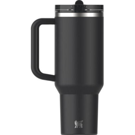 Gobelet isotherme noir présenté de face avec poignée et paille intégrée, sans marquage visible sur le corps.