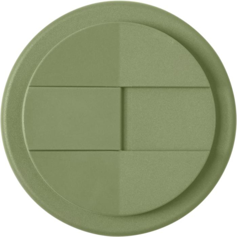 Vue de dessus d’un couvercle vert avec système d’ouverture à clapet.