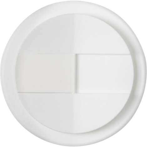 Vue de dessus d’un couvercle blanc avec clapet de fermeture, sans marquage visible.