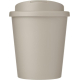 Gobelet réutilisable beige présenté de face avec couvercle assorti, sans personnalisation apparente.