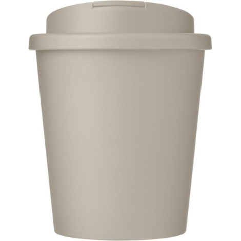 Gobelet réutilisable beige présenté de face avec couvercle assorti, sans personnalisation apparente.