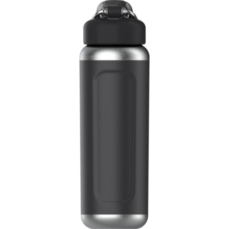 Bouteille d’eau isotherme noire présentée de face, sans personnalisation apparente sur le corps.