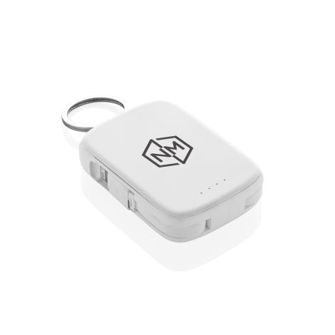 Porte-clés powerbank présenté dans un autre coloris avec une personnalisation visible sur la face avant.