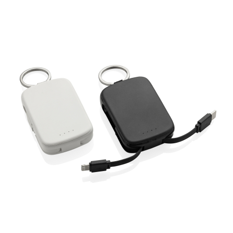 Deux porte-clés powerbank présentés dans leurs coloris disponibles, avec le câble USB-C intégré déployé sur l'un des modèles.
