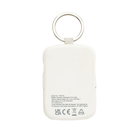 Vue arrière d’un porte-clés powerbank montrant les informations techniques imprimées.