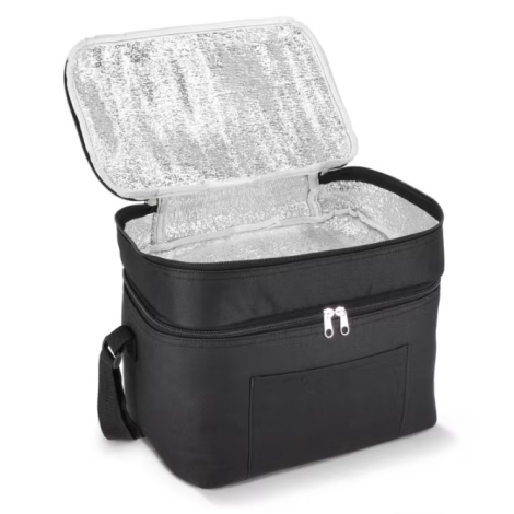 Sac isotherme noir ouvert montrant la doublure isotherme en aluminium et le grand compartiment principal.