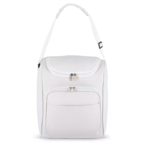 Sac isotherme vertical en R-PET fermé avec large ouverture zippée, poche frontale et bandoulière réglable.