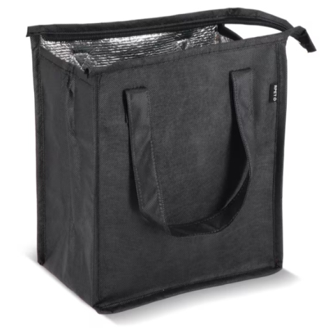 Sac isotherme en R-PET non tissé vu de trois quarts arrière avec fermeture zippée et doublure intérieure en aluminium visible.