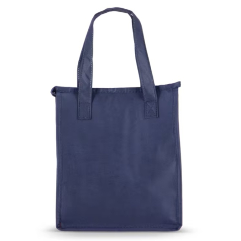 Face arrière d'un sac isotherme compact en R-PET non tissé avec anses courtes et grande surface de marquage.