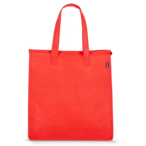 Grand sac isotherme en R-PET non tissé avec fermeture zippée sur le dessus et longues anses de porté épaule.
