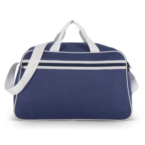 Sac de sport et de voyage en R-PET au style inspiré des sacs de sport des années 70, avec poche frontale zippée, anses courtes e
