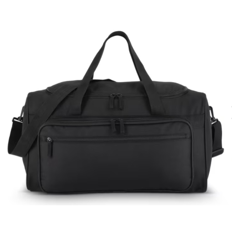 Grand sac de sport et de voyage en R-PET avec deux poches frontales zippées, poignées et bandoulière amovible réglable.