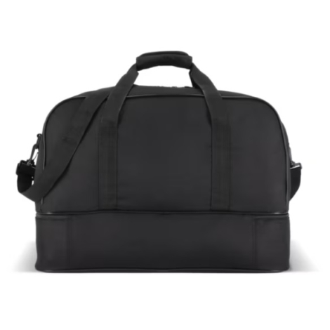 Face arrière d'un sac de sport en R-PET montrant les poignées, la bandoulière amovible et la base rigide.