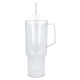 Vue de face d'une tasse isotherme Miami transparente avec anse et paille. Vue de face d'une tasse isotherme Miami transparente avec anse et paille.