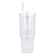 Vue arrière d'une tasse isotherme Miami transparente avec anse et paille. Vue arrière d'une tasse isotherme Miami transparente avec anse et paille.