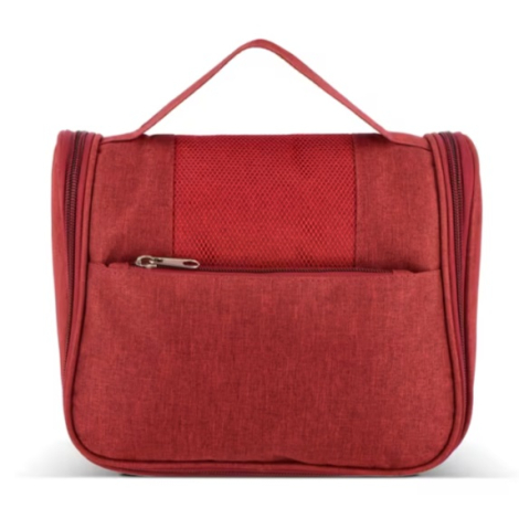 Face avant d'une trousse de toilette en rPET avec poignée de transport, poche frontale zippée et fermeture éclair.