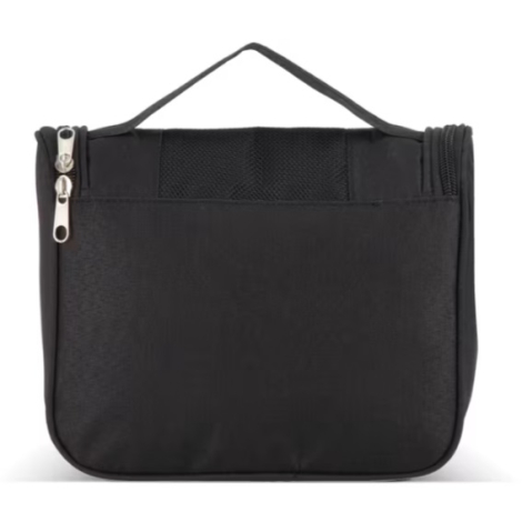 Face arrière d'une trousse de toilette en rPET avec poignée supérieure et fermeture zippée.