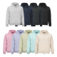 Neuf sweats à capuche présentés de face dans différents coloris clairs et foncés, avec poche kangourou et cordons ton sur ton, s Neuf sweats à capuche présentés de face dans différents coloris clairs et foncés, avec poche kangourou et cordons ton sur ton, s
