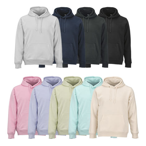 Neuf sweats à capuche présentés de face dans différents coloris clairs et foncés, avec poche kangourou et cordons ton sur ton, s