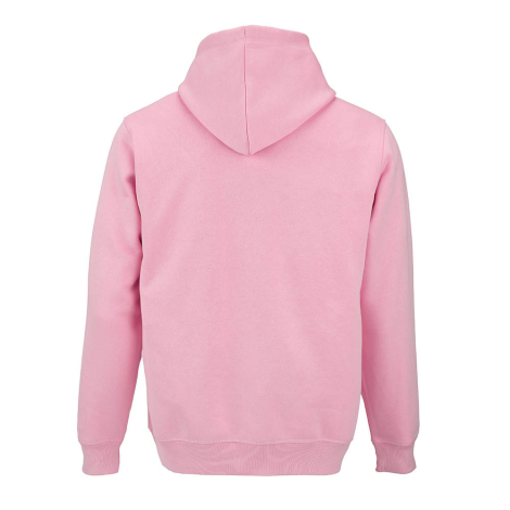 Sweat à capuche rose vu de dos, avec capuche à couture centrale, manches longues et finitions en bord-côte, sans marquage appare
