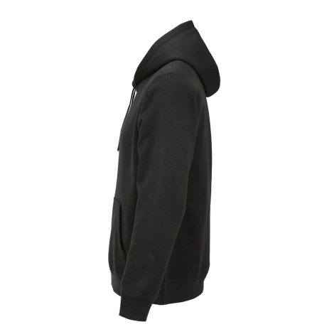 Sweat à capuche noir présenté de profil, montrant la capuche, la manche longue, la poche kangourou et les bords-côtes, sans pers