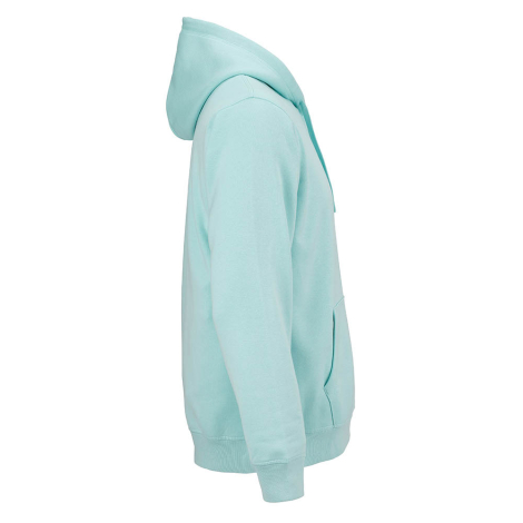 Sweat à capuche bleu clair vu de profil, avec manche longue, poche kangourou partiellement visible et finitions en bord-côte, sa