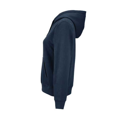 Sweat à capuche pour femme bleu marine présenté de profil avec manche longue et capuche.